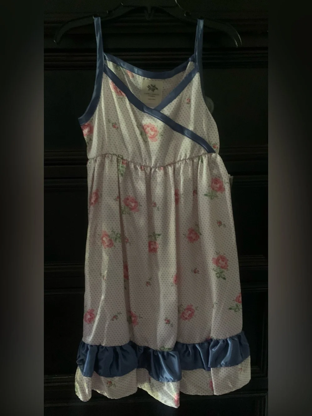 Laura Ashley White Floral Nightgown with Pink Roses and Blue Trim